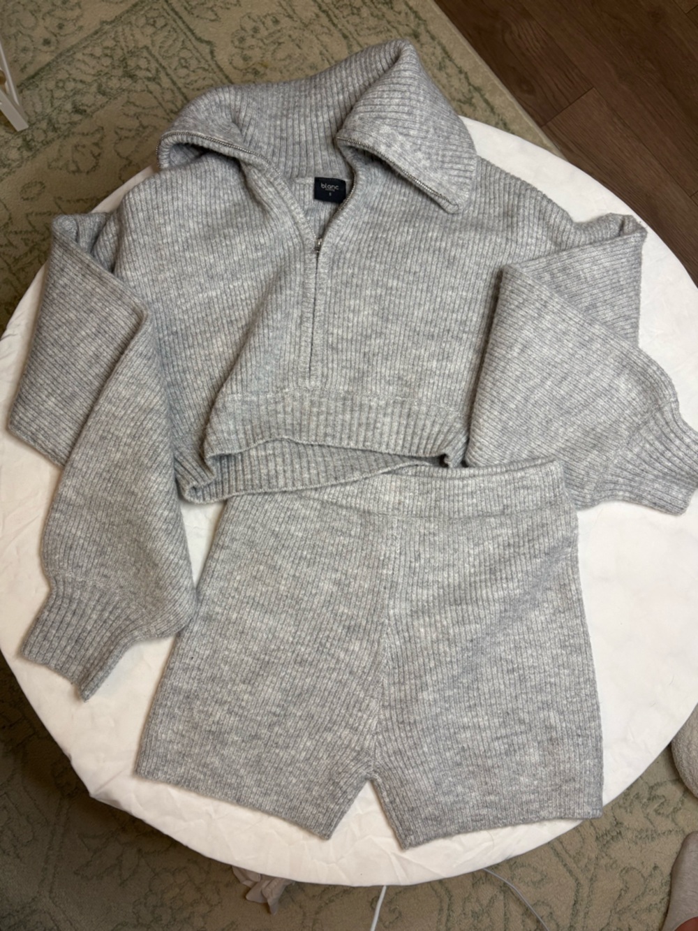 Cropped Ribbed Half-Zip Turtleneck Sweater Set - Light Gray